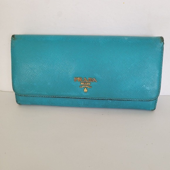 PRADA Authentic Vintage Blue Ssffiano Leather Logo Wallet Envelope Large Fair - Picture 1 of 14